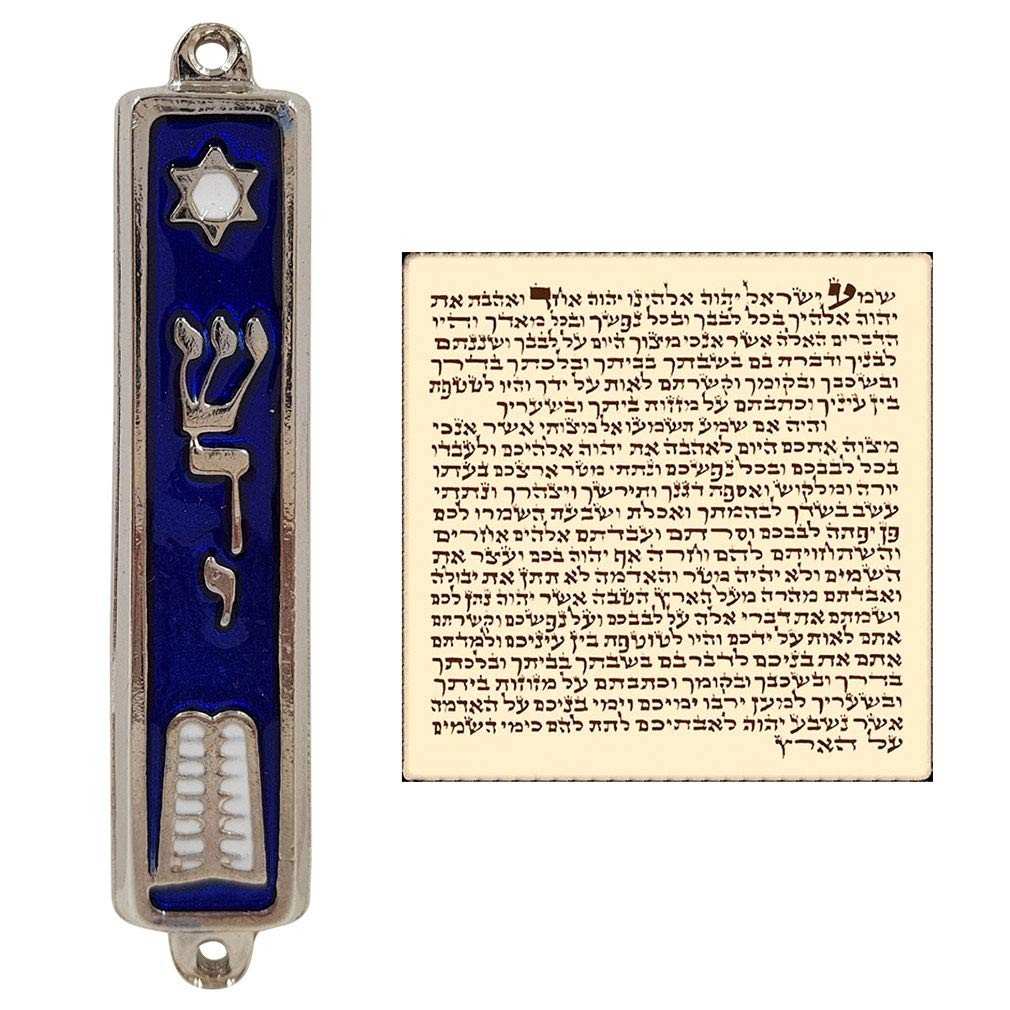 Mezuzá Judaica com Pergaminho - Dez Mandamentos em Esmalte Azul - 3,5" - Presente Judaico Elegante