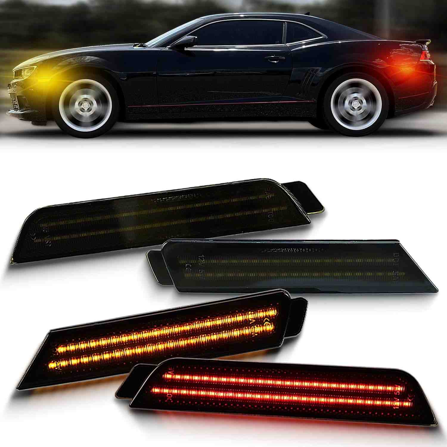 Kit Luzes LED Fumê Para-choque Dianteiro e Traseiro Chevy Camaro 5ª Geração (2010-2015) - 4 Peças Âmbar/Vermelho