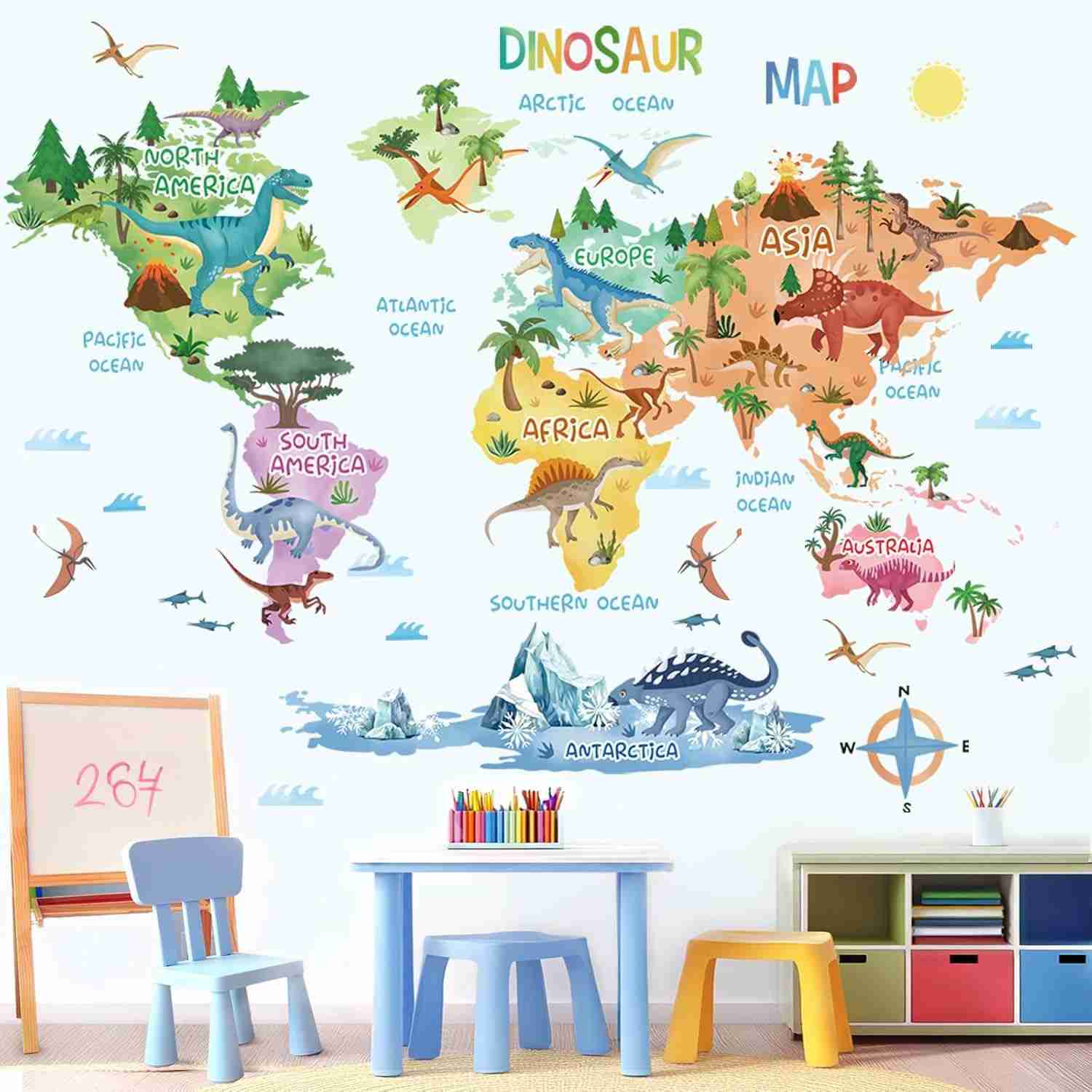 Adesivos de Parede com Mapa do Mundo Dinossauro - Decalque Autoadesivo para Quarto Infantil