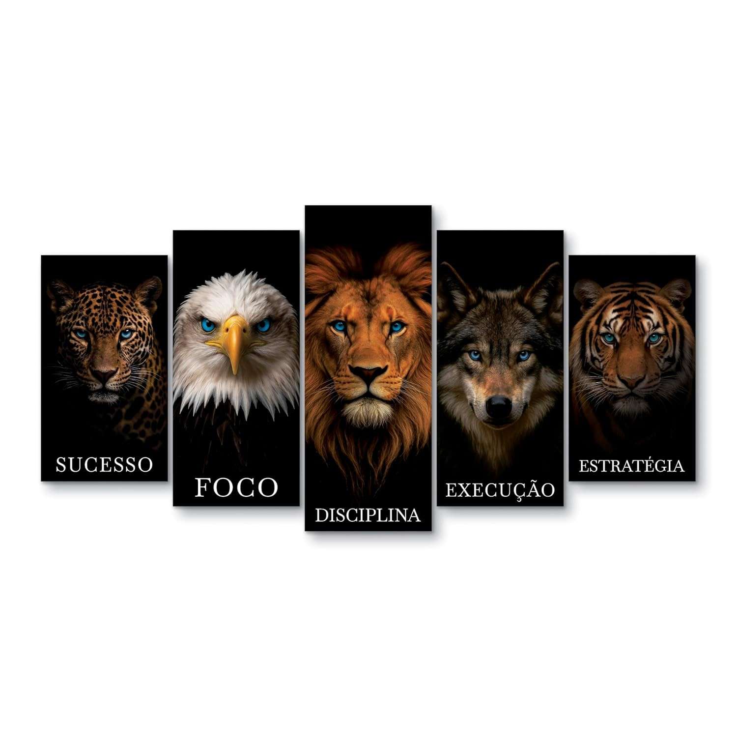 Quadro Motivacional Animais com Frases de Sucesso, Foco e Disciplina em MDF 130x60cm