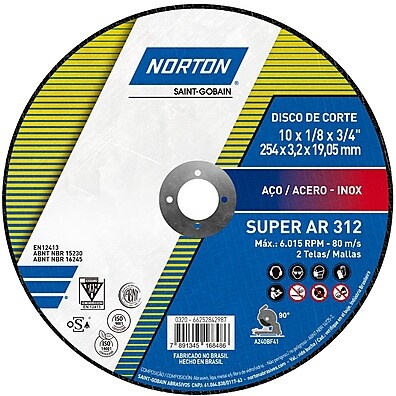 Disco de Corte Norton AR312: 10" para Aços Carbono e Inox