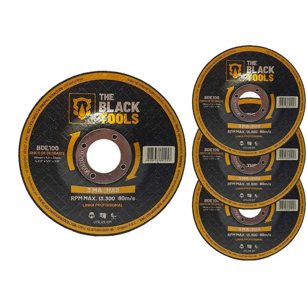 Disco Desbaste Metal 115mm: Kit 4 Peças The Black Tools