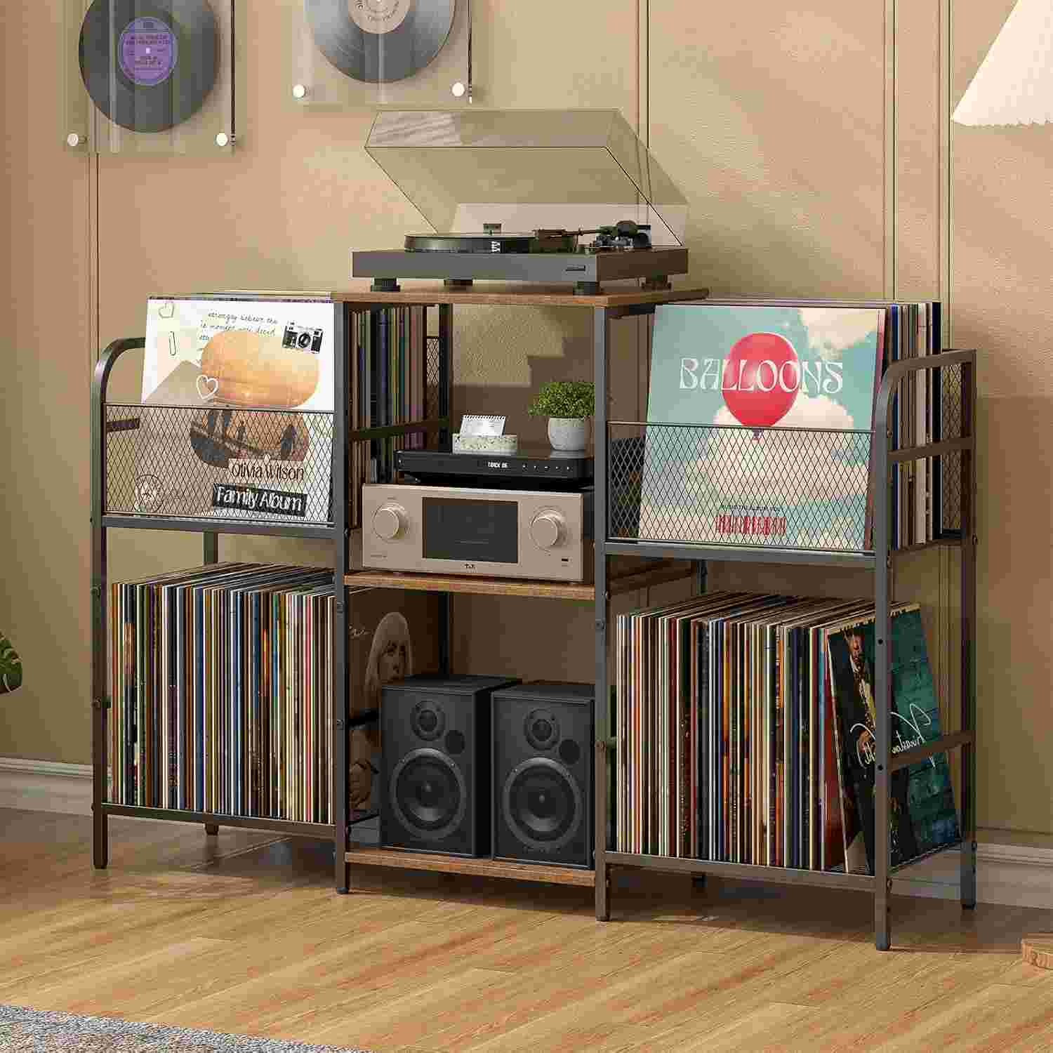Suporte Toca-Discos 3IngSeagulls com Armazenamento Vinil | Mais de 350 Álbuns | LED e Tomada Integrada