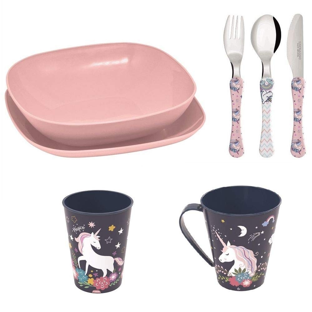 Conjunto Infantil de Pratos, Talheres e Copos com Tema Unicórnio - Diversão e Segurança na Alimentação