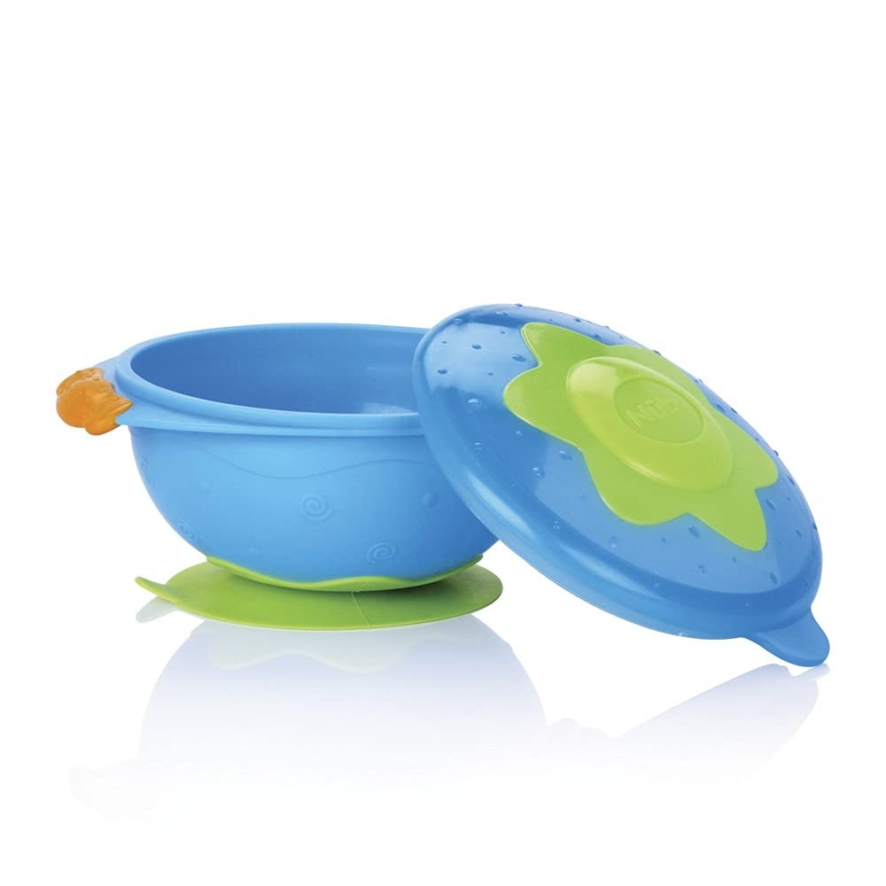 Nûby Tigela Divertida com Tampa e Ventosa Azul - 300ml | Segura, Prática e Ideal para Bebês