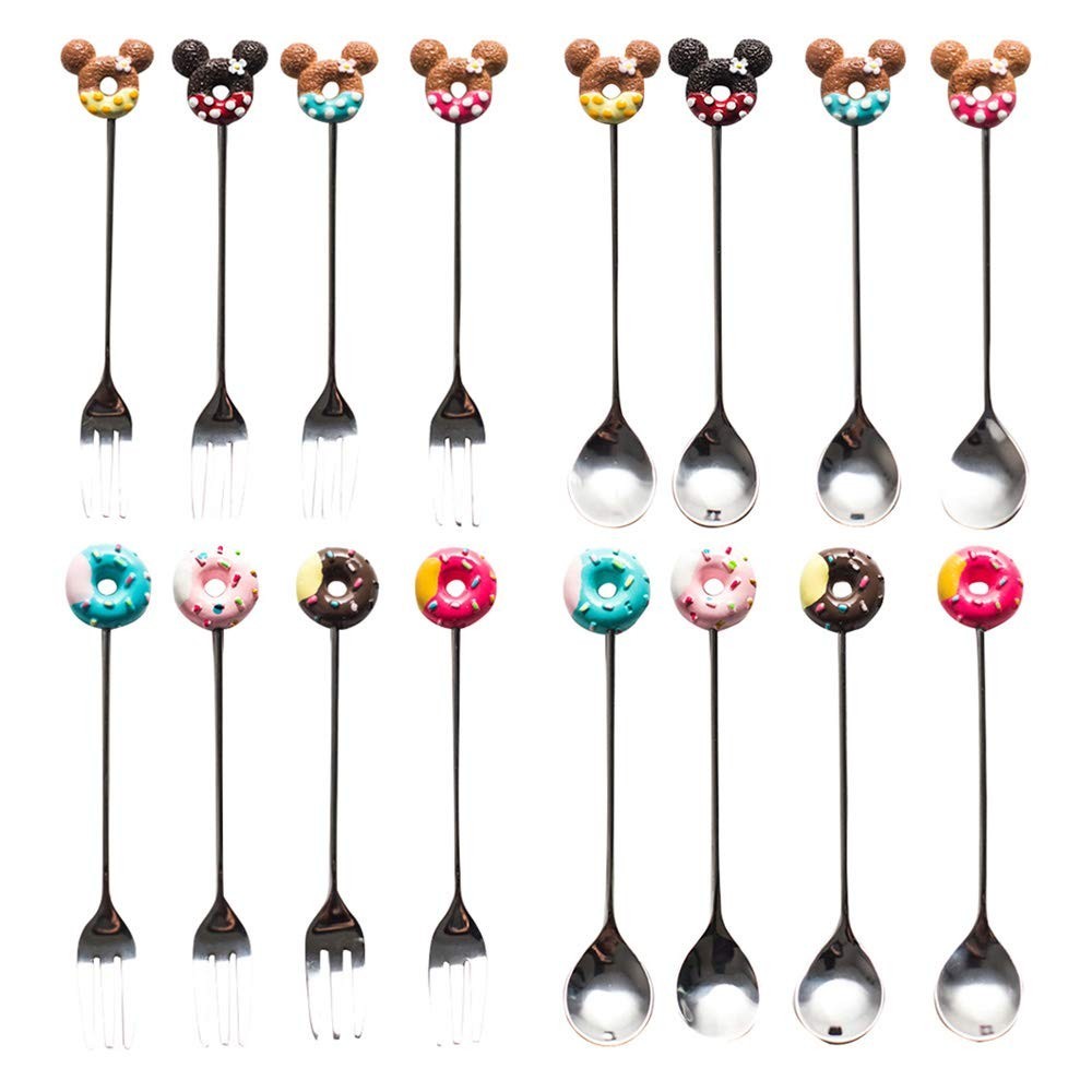 Colher de Aço Inoxidável 304 com Design Divertido - Donuts & Animais para Café e Sobremesas