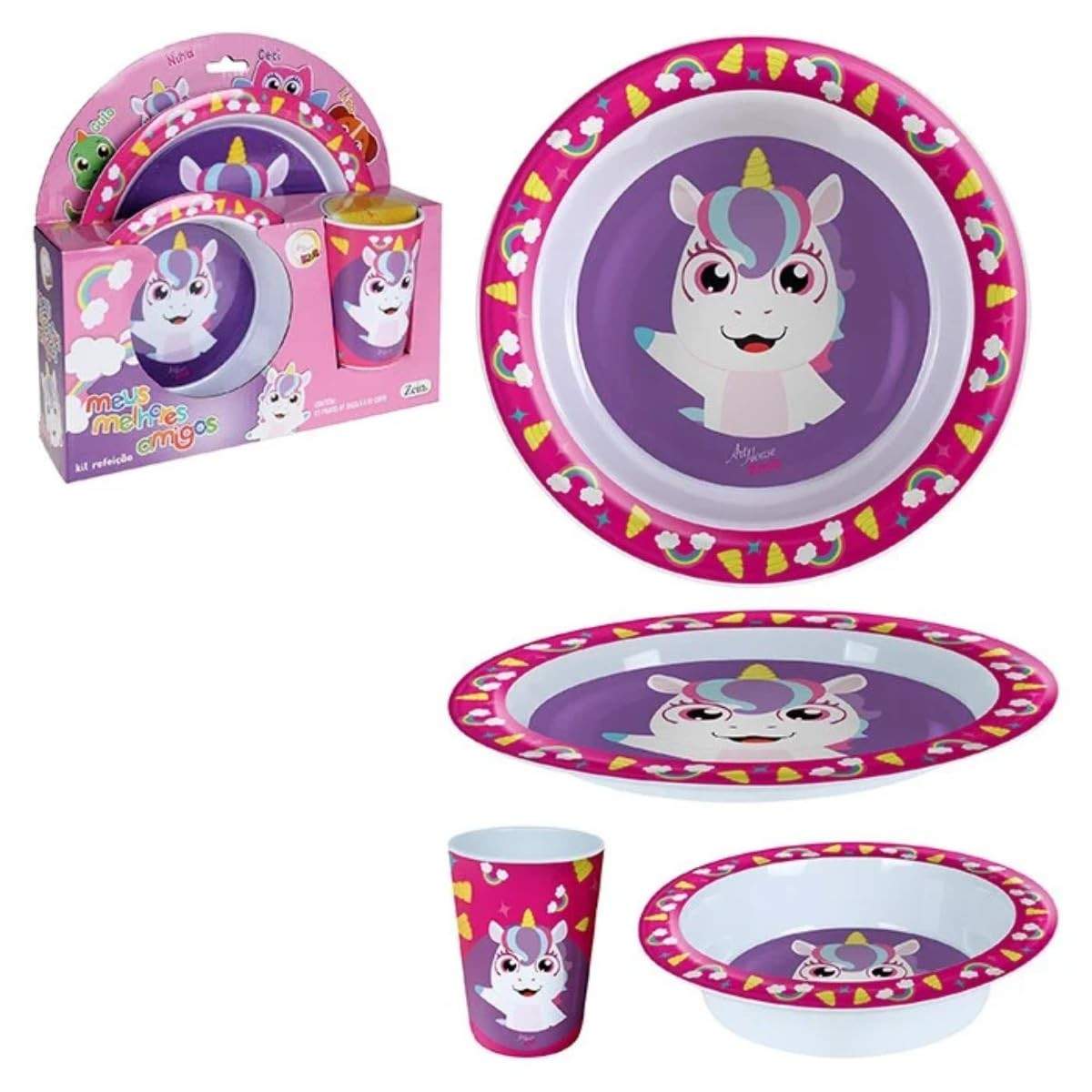 Kit Refeição Melamina Unicórnio 3 Peças - Prato, Tigela e Copo Infantil Divertido
