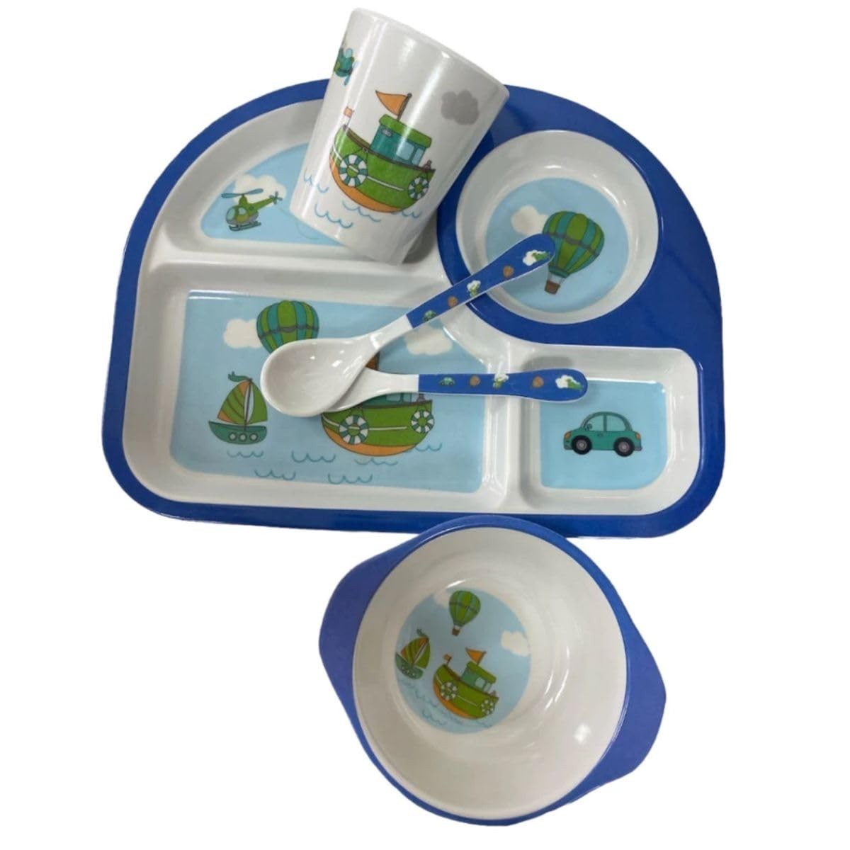 Kit Refeição Infantil Azul - 5 Peças com Prato Dividido, Copo e Talheres para Introdução Alimentar