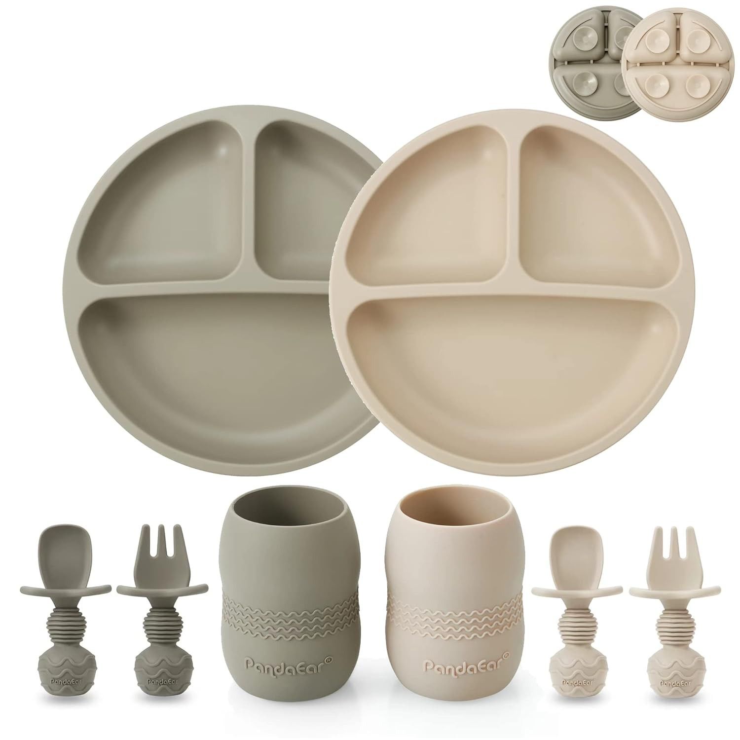 PandaEar Conjunto de Alimentação Silicone para Bebês - Pratos Divididos com Sucção, Copos e Talheres Seguros