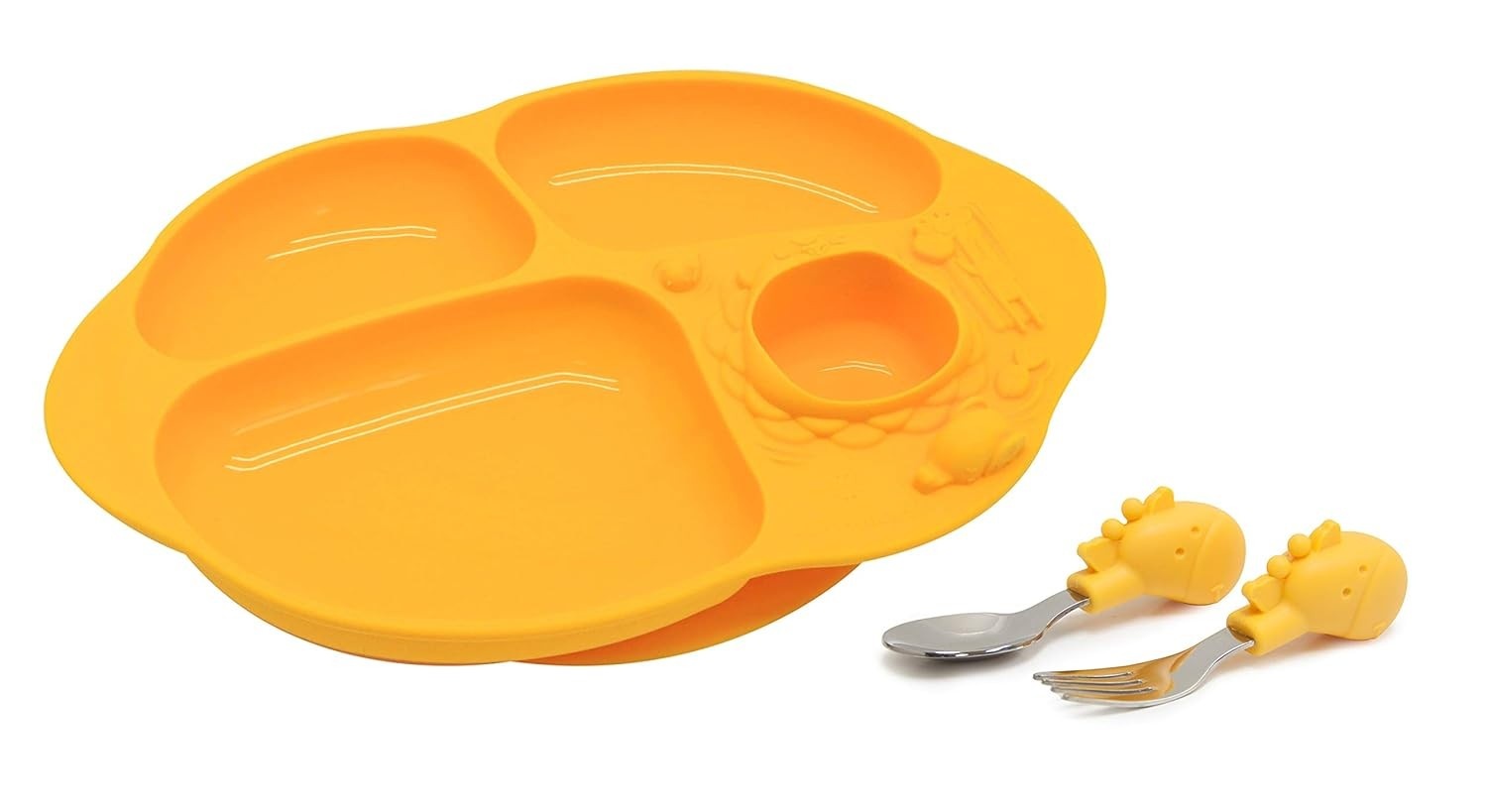 Kit para Alimentação Infantil com 4 Divisórias - Talheres Ergonômicos Girafa Marcus e Marcus Amarelo