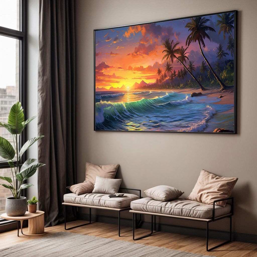 Quadro Decorativo com Moldura - Paisagem de Praia e Por do Sol para Sala e Quarto