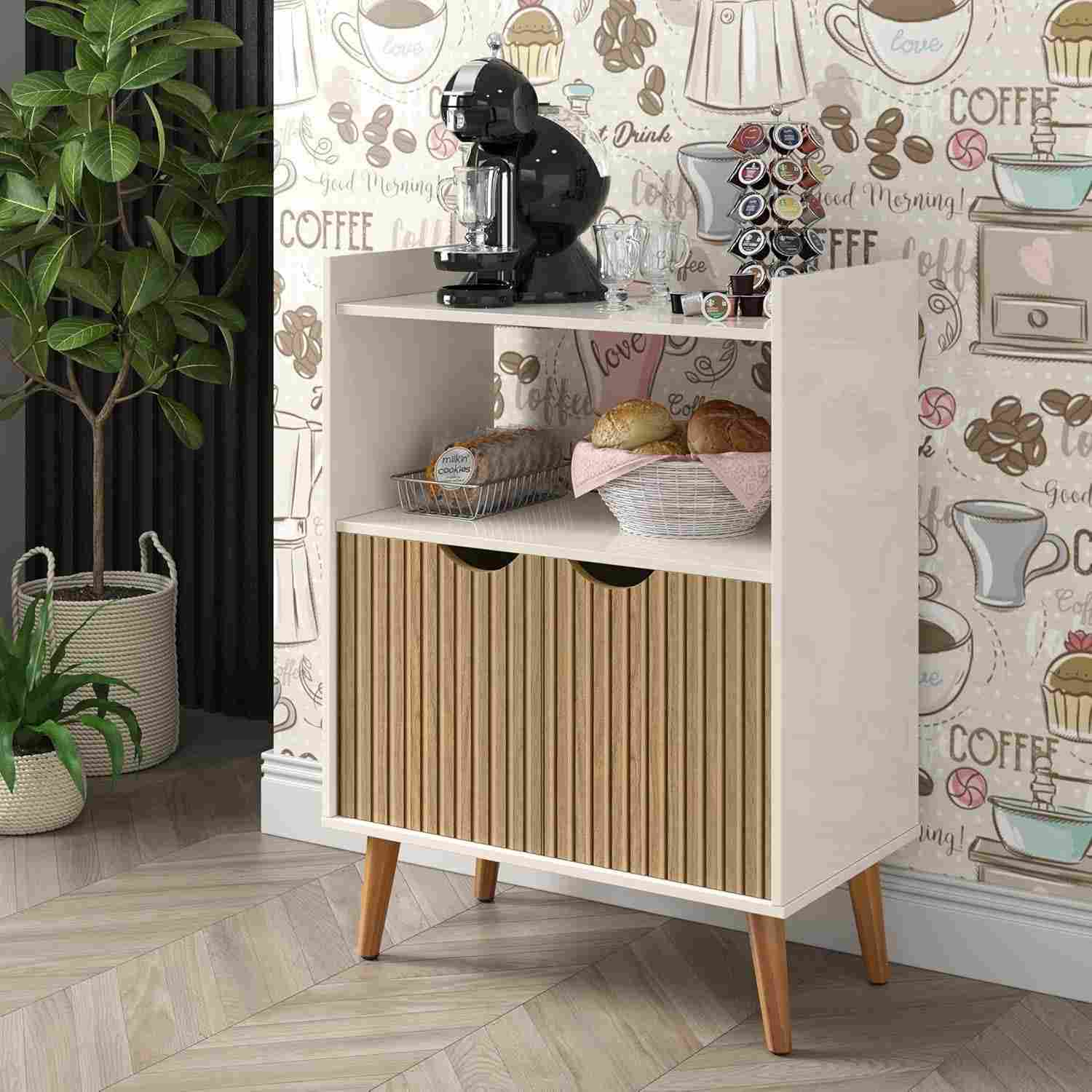Aparador Buffet Cantinho Do Café Retrô Grécia 2 Portas com Prateleiras e Nicho - Design Sofisticado para Escritório e Ambientes Gourmet