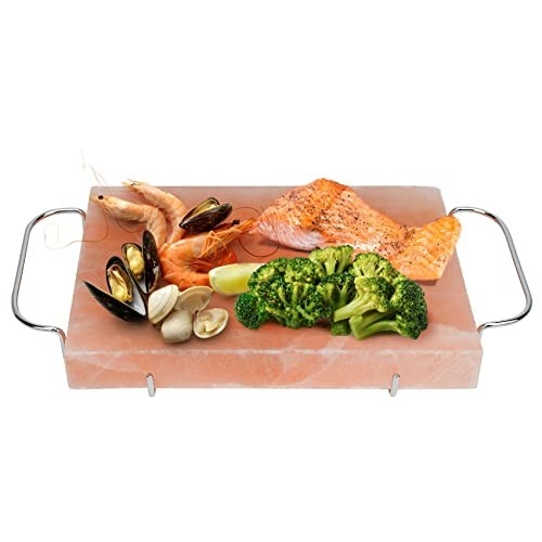 DOBADN Placa De Cozimento De Bloco De Sal Do Himalaia Com Suporte De Metal, Pedra De Laje De Sal De Rocha De Qualidade Alimentar 12" X 8" X 1,5" Para Grelhar, Cozinhar, Cortar E Servir, Presentes Para