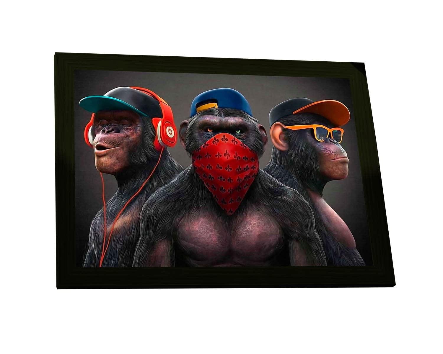 Quadro Decorativo 3 Macacos Sábios - Gangue dos Macacos Humorístico com Moldura Preta