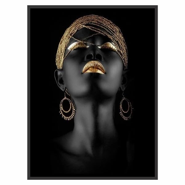 Quadro Decorativo 90x60 Mulher Pintura Preta e Dourada - Moldura Preta em Madeira FSC