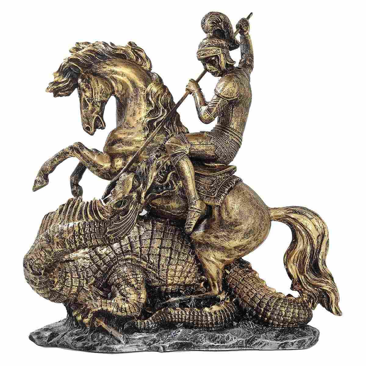 São Jorge Dragão Guerreiro - Estátua em Resina Dourada com Base Prata | Decoração e Proteção