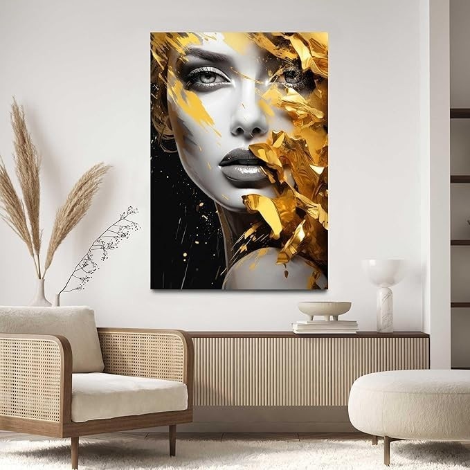 Quadro Decorativo Moderno 90x60cm - Estampa Dourada Feminina para Sala, Quarto ou Hall de Luxo