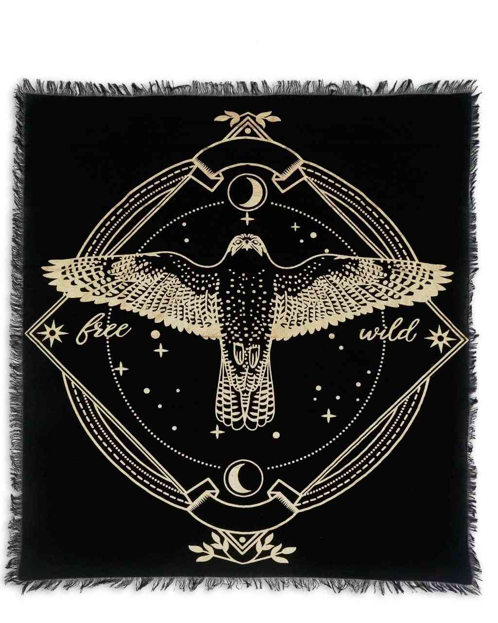 Pano de Altar Sagrado com Coruja Dourada - Tecido 100% Algodão para Wicca, Tarot e Práticas Espirituais