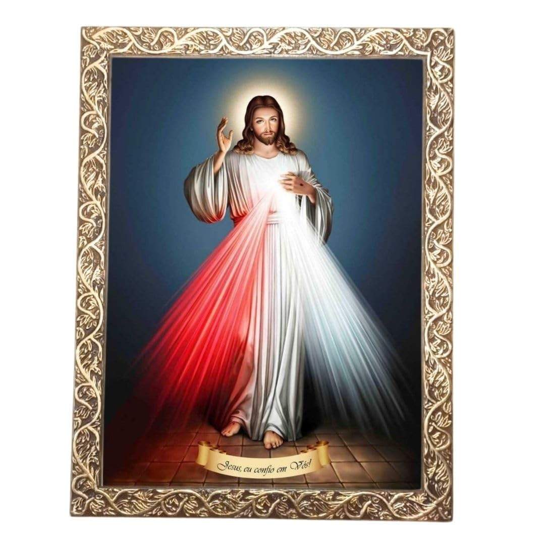 Quadro Decorativo Artesanal Jesus Misericordioso - Imagem Sagrada Dourada A4