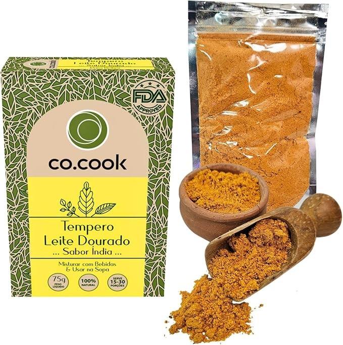 CoCook Tempero 100% Natural Leite Dourado (Golden milk) Sabor Índia 75g para Bebidas, Sopas, Caldos Sem SódioSem Adição de Conservantes, Zero glúten, Zero Lactose Rende até 20 porções