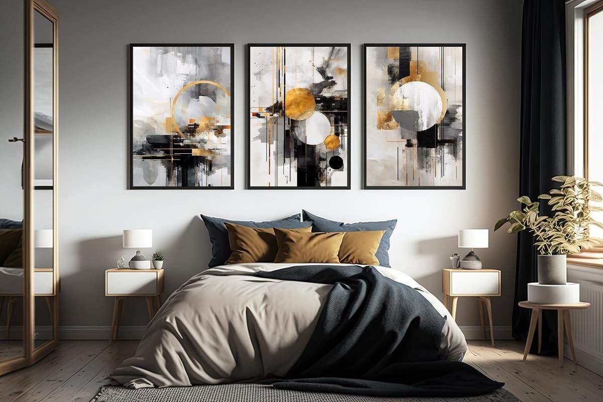 Kit 3 Quadros Circulos Dourados e Preto Cinza - Moderno para Sala e Quarto (60x40cm)