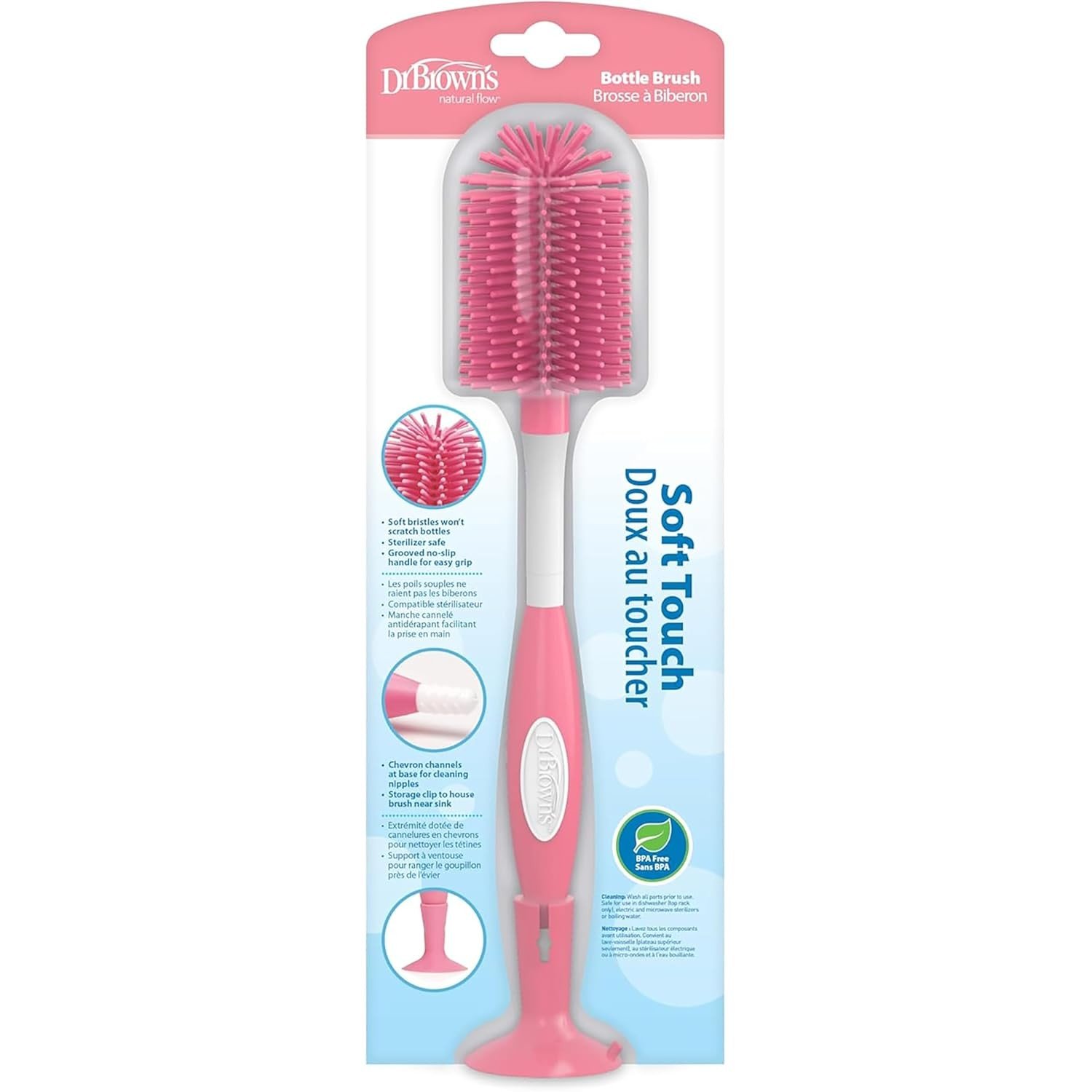 Dr. Brown's Escova de Mamadeira com Cerdas Macias - Ideal para Garrafas de Pescoço Estreito - Rosa