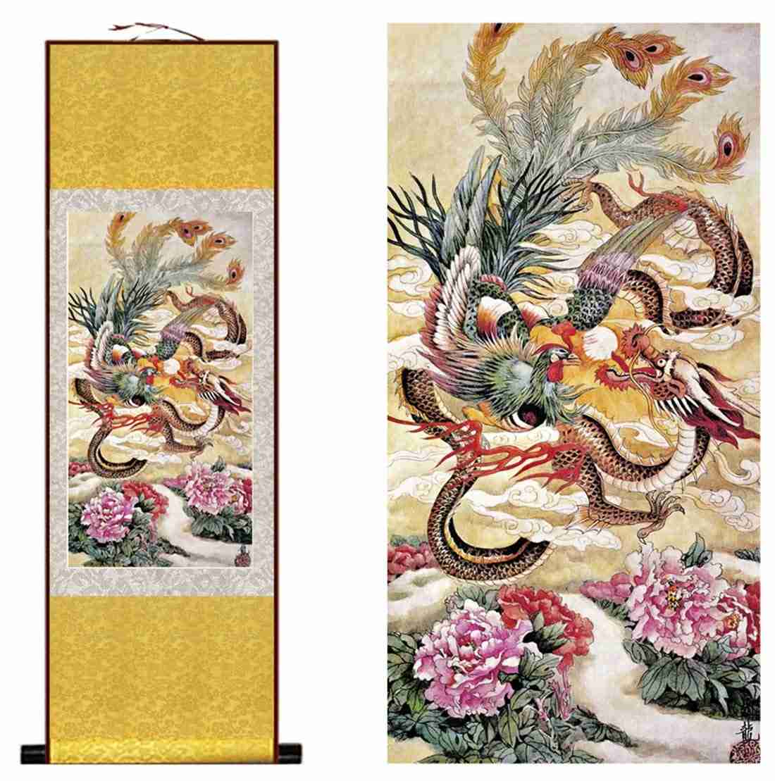 Zzooi Arte de Parede Dragão e Fênix - Pintura Chinesa da Sorte em Seda