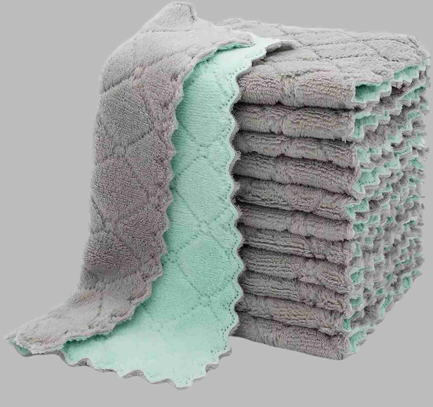 Pano de Limpeza de Microfibra Dupla Camada - Reutilizável e Absorvente | Lã Coral Lavável para Cozinha e Vidros