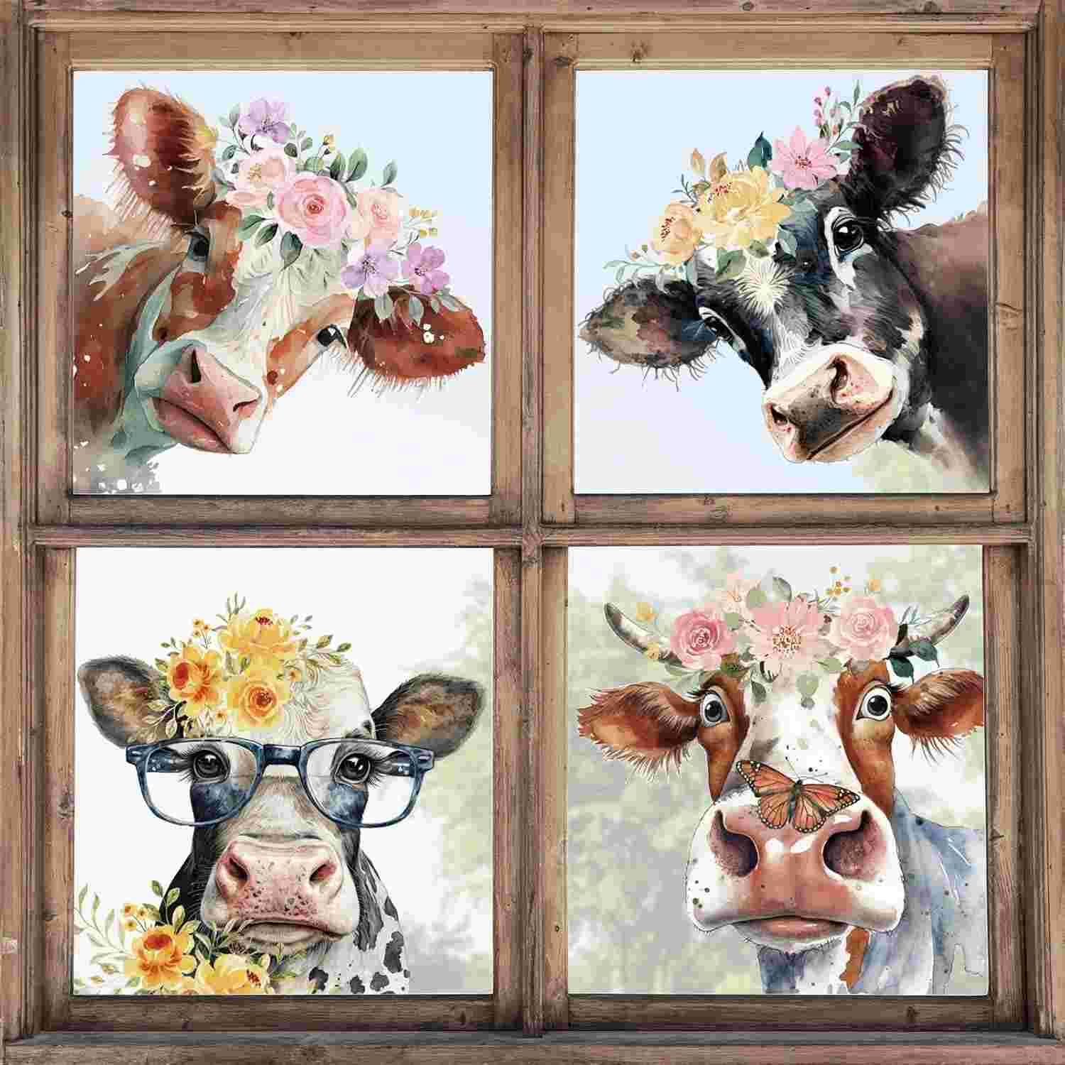 Adesivos de Janela Cows Floral - 6 Folhas Dupla Face para Decoração de Casa, Escola e Festas