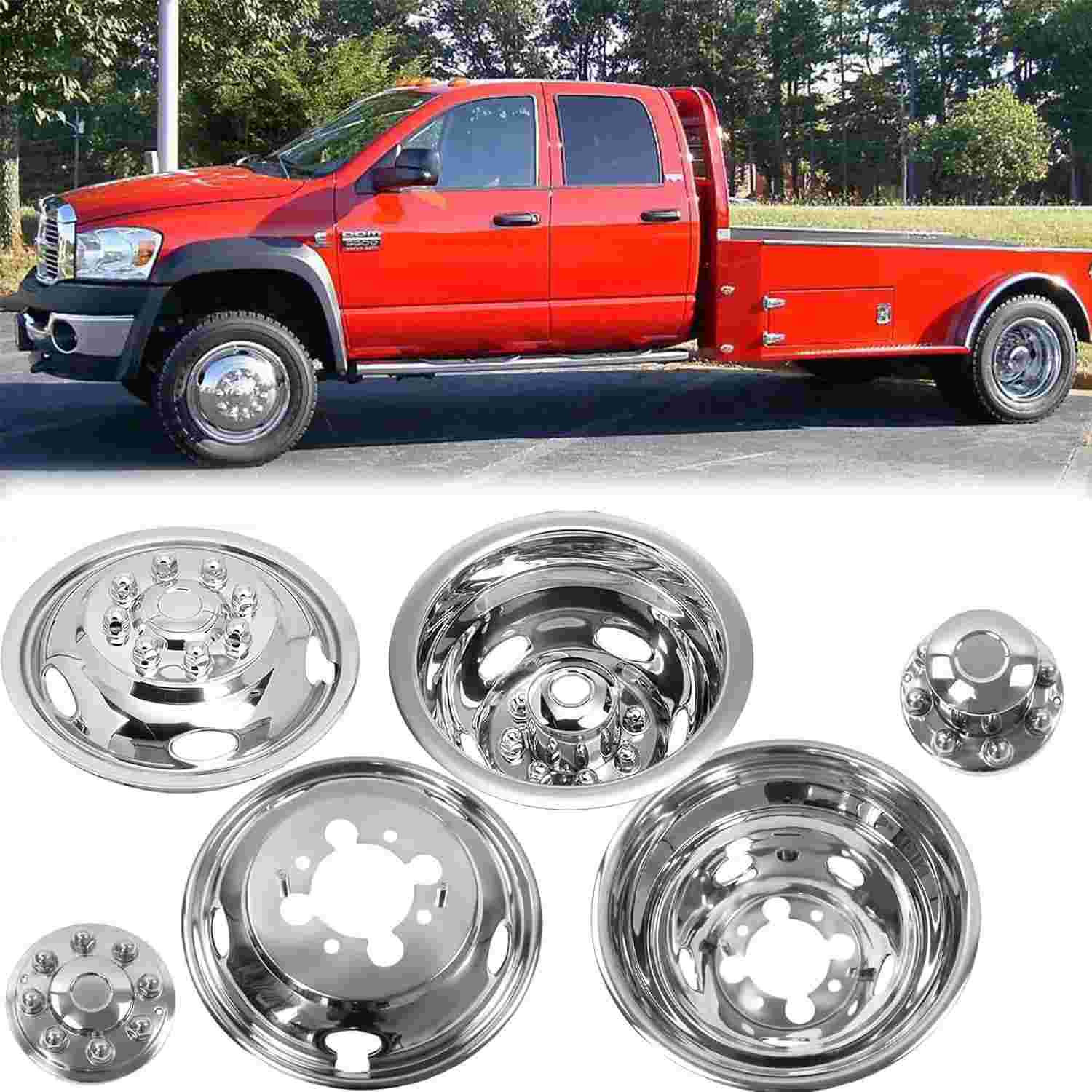 Simulador de roda dupla de aço inoxidável polido protetor de 43.2 cm adequado para Dodge Ram3500 2003-2019, 4 peças durável e bonito 8 lug 5 furos de mão capa de roda com tampa central