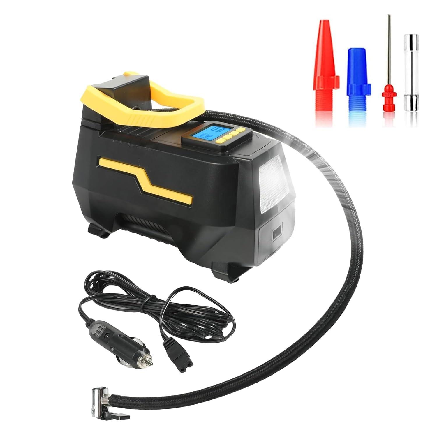 Compressor de Ar Portátil 12V AC/DC Duplo Pistão: Inflador Inteligente para Carro, Moto e Casa