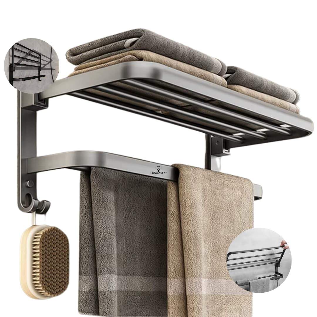 Toalheiro Duplo com Prateleira para Banheiro em Aço Inox Preto Fosco - Design Moderno e Funcional
