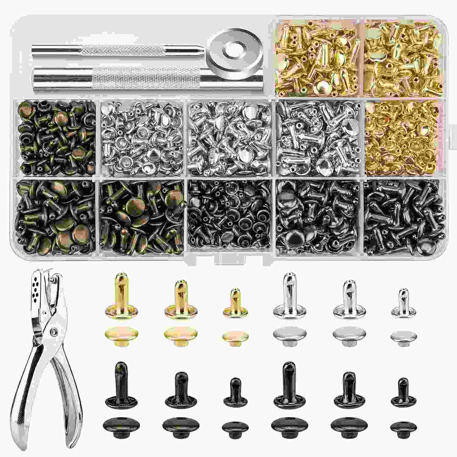 Kit 480 Rebites Duplos para Couro DIY: 3 Tamanhos, 4 Cores e Ferramentas Completas