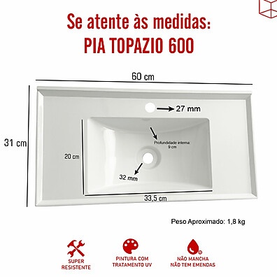 Lavatório Pia Banheiro 60cm de Mármore Sintético – Design Moderno e Durável