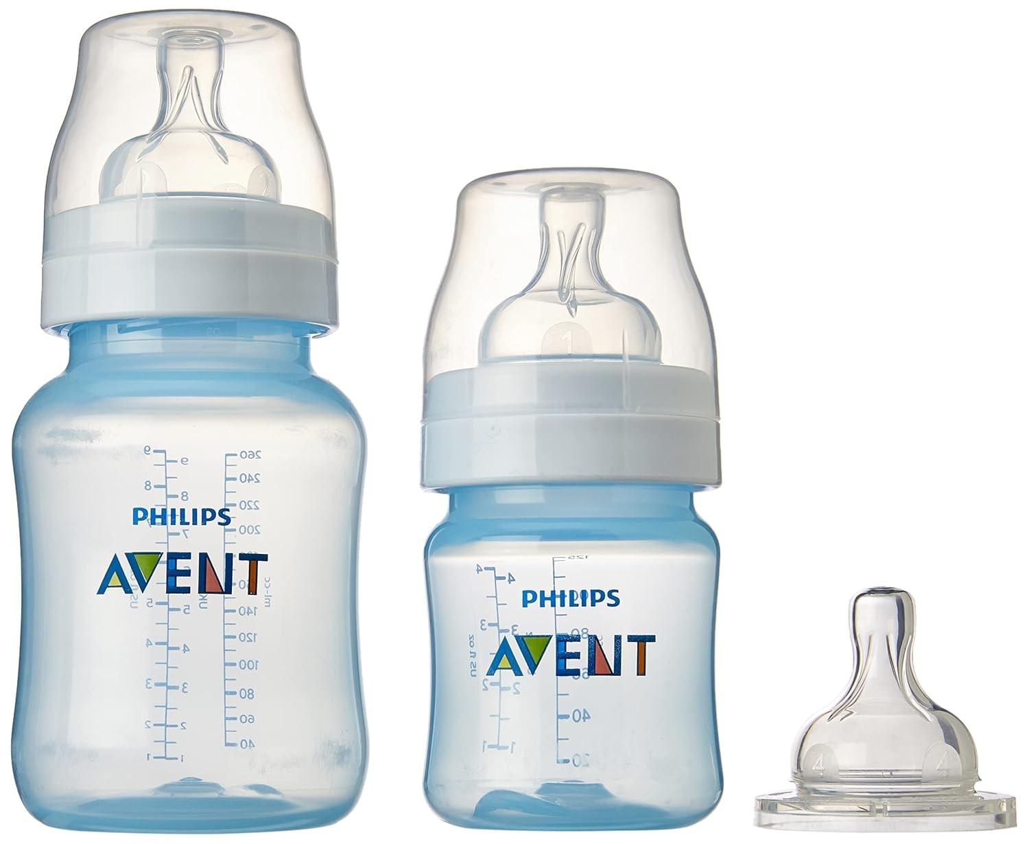 Mamadeiras Anti-Cólica AVENT 125ml + 260ml com Bico Extra - Azul e Multi-colorido