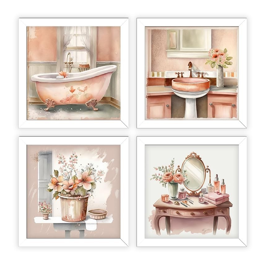 Kit 4 Quadros Decorativos 18x18 cm - Banheiro e Lavabo com Moldura e Vidro | Tonalidade Salmão Elegante