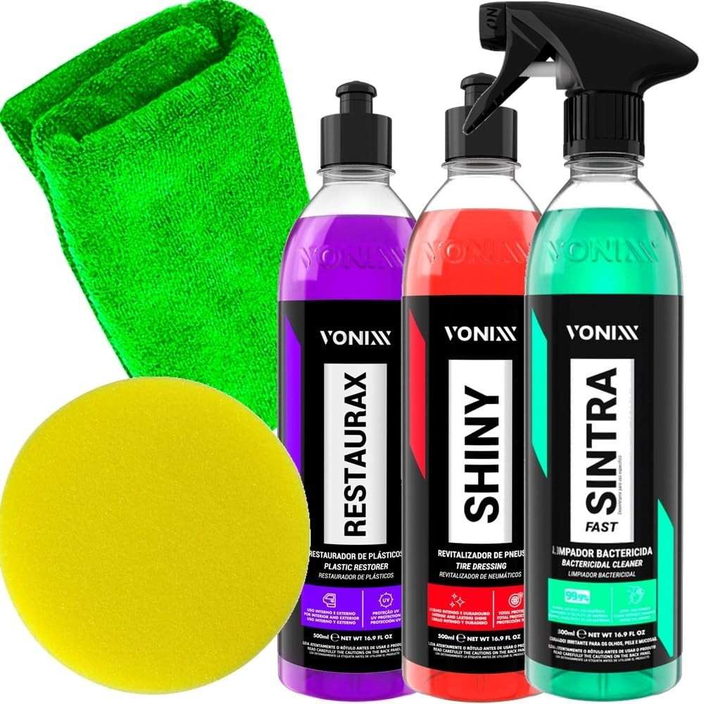 Kit Completo Vonixx Shiny, Sintra Fast e Restaurax com Acessórios Karbox para Detalhamento Automotivo