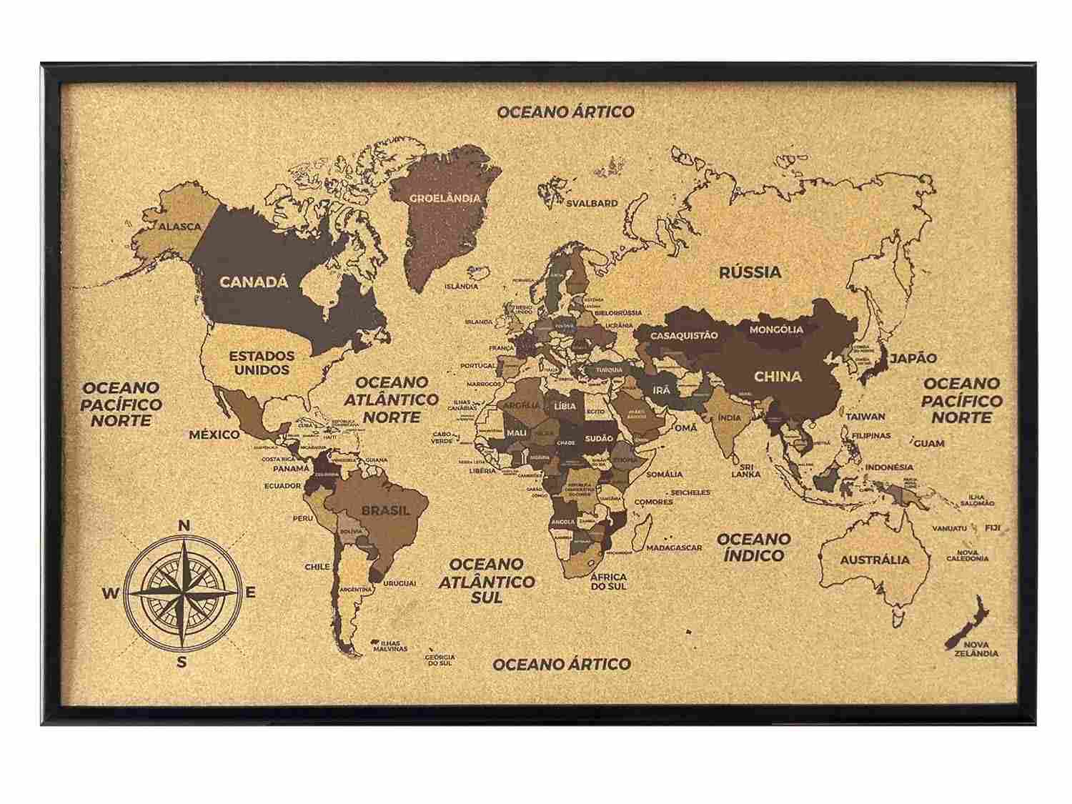 Quadro Mapa Mundi em Cortiça - Decore e Marque Seus Destinos Favoritos