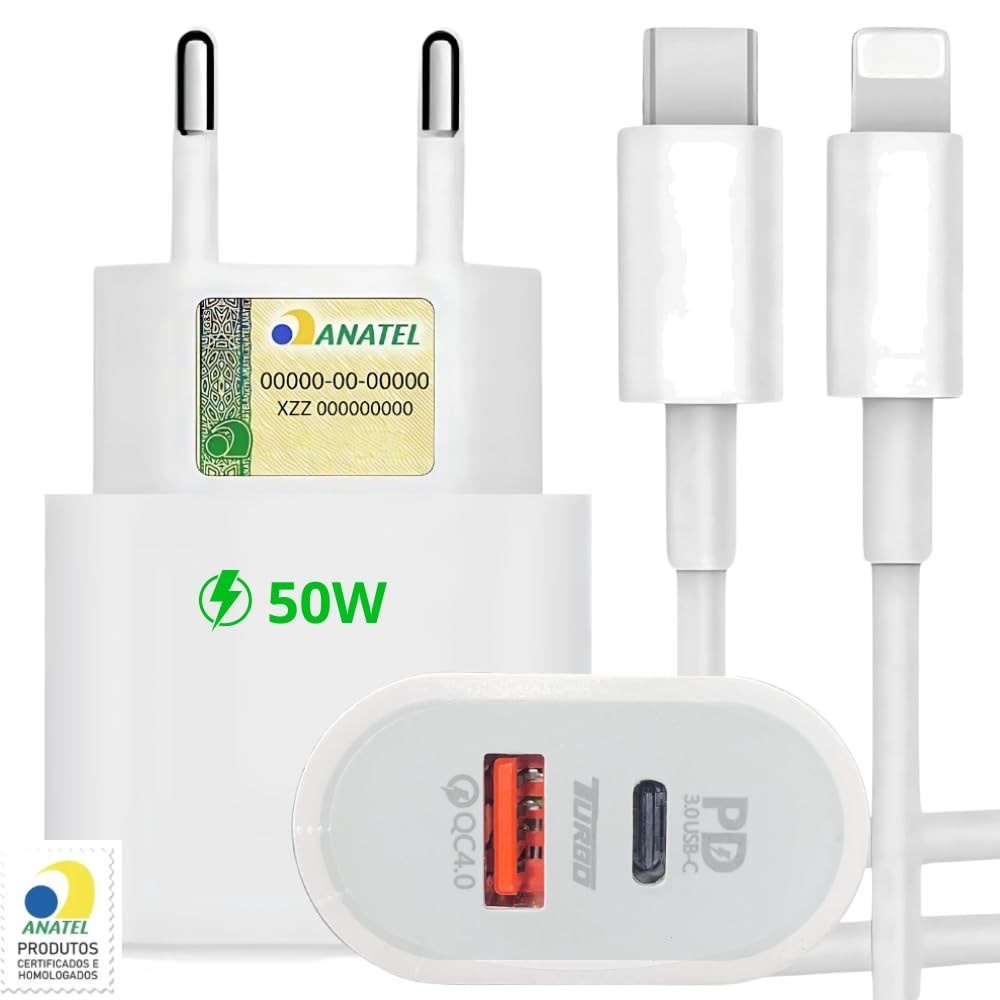 Carregador Turbo 50W + Cabo Lightning: Potência e Segurança para seu iPhone