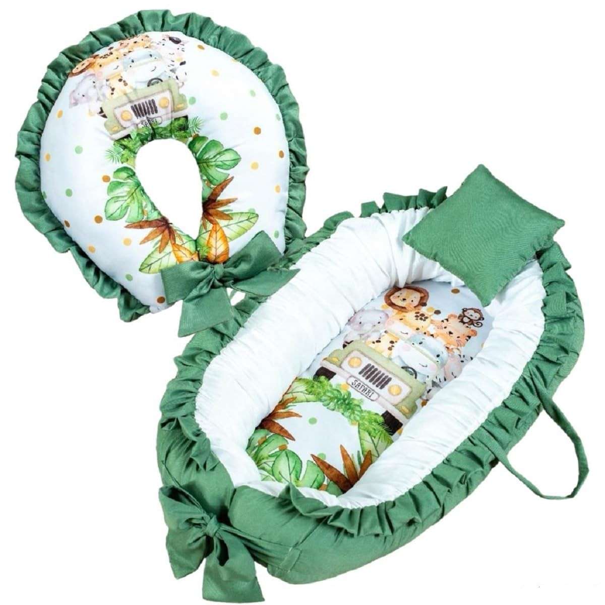 Kit Ninho Redutor para Berço com Travesseiro e Almofada de Amamentação Safari Verde - Segurança e Conforto para Bebês