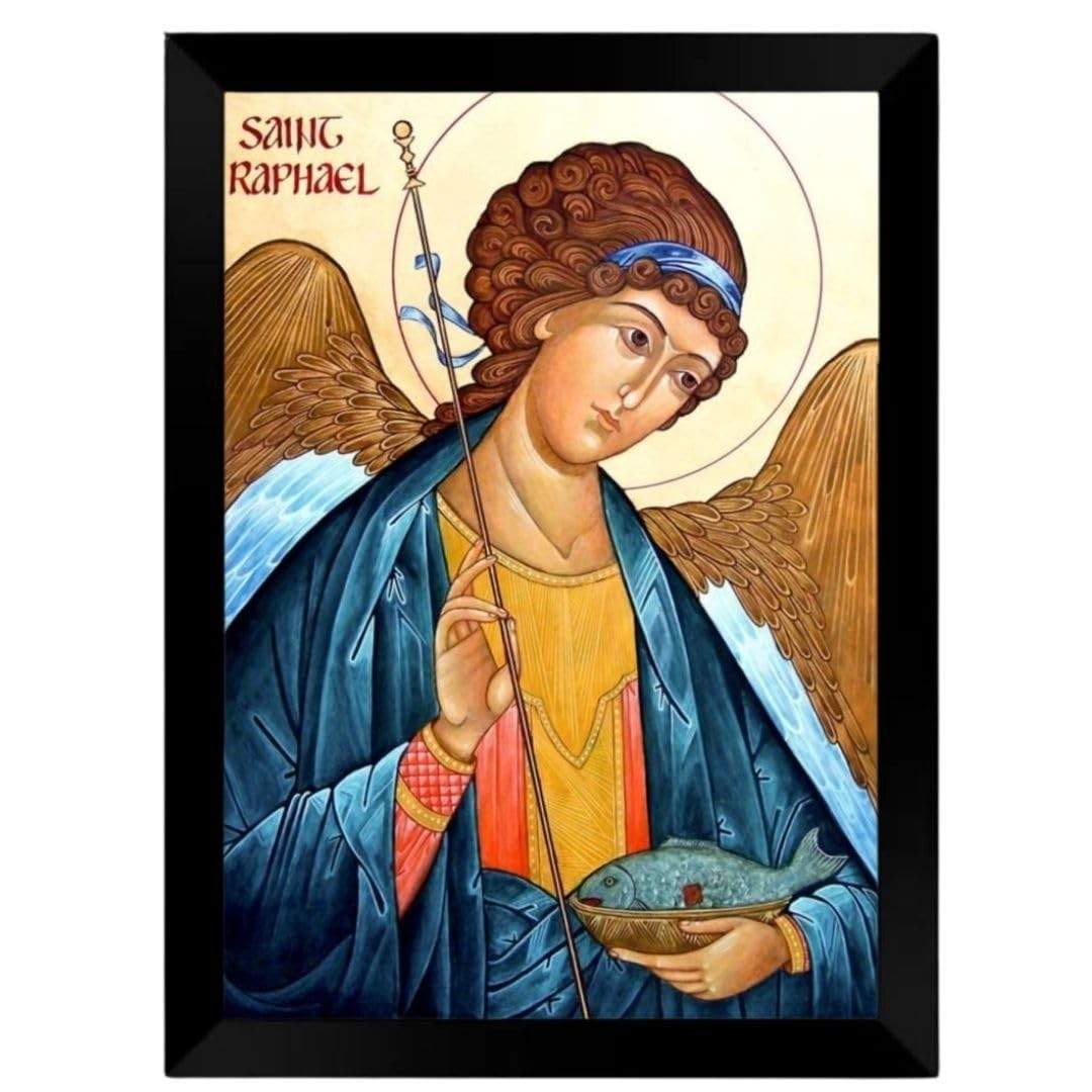 Quadro Decorativo Religioso São Rafael Arcanjo - A4 Preto | Imagem Sagrada para Decoração e Fé