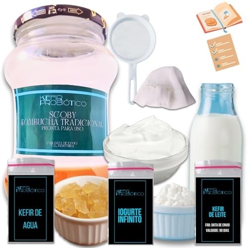 Kit Completo Kombucha 500ml + Kefir de Leite e Água + Iogurte Infinito + Peneira e Tampa! Saúde Natural em Casa!