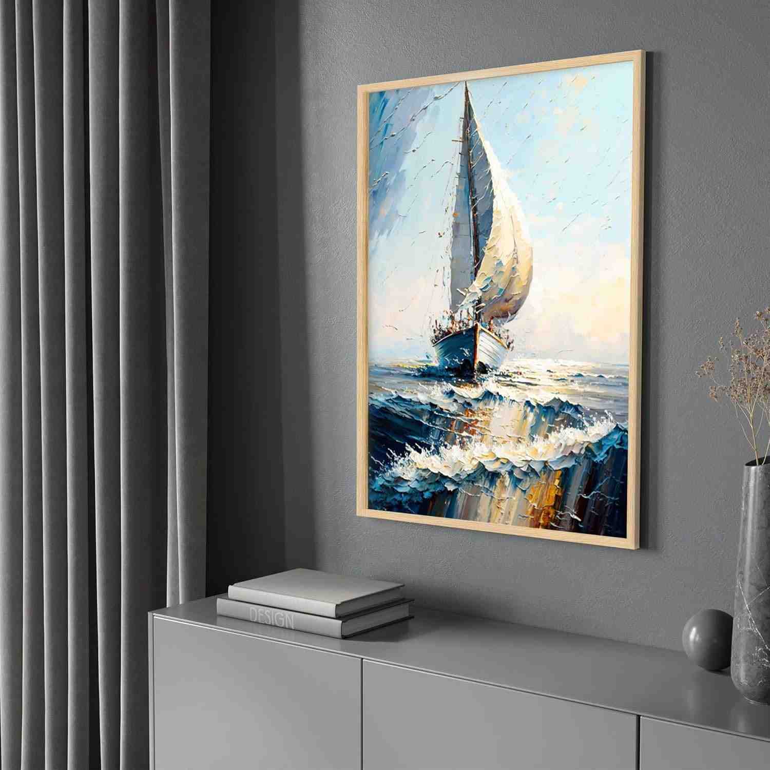 Quadro com Moldura Pintura Barco Céu Azul - Arte Decorativa Vertical para Sala e Quarto