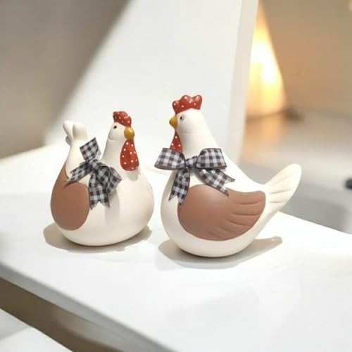 Casal de Galo e Galinha - Escultura Decorativa para Cozinha em Bege e Café