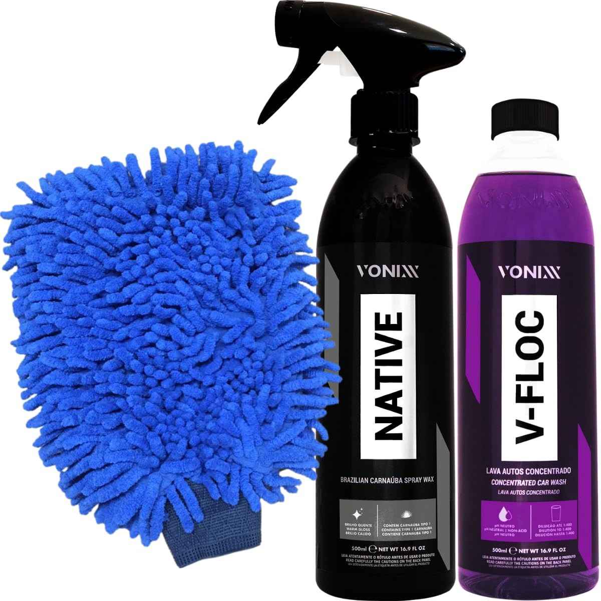 Kit Cera Native Spray + Shampoo V-Floc Vonixx + Luva Microfibra - Brilho e Proteção Total para sua Pintura
