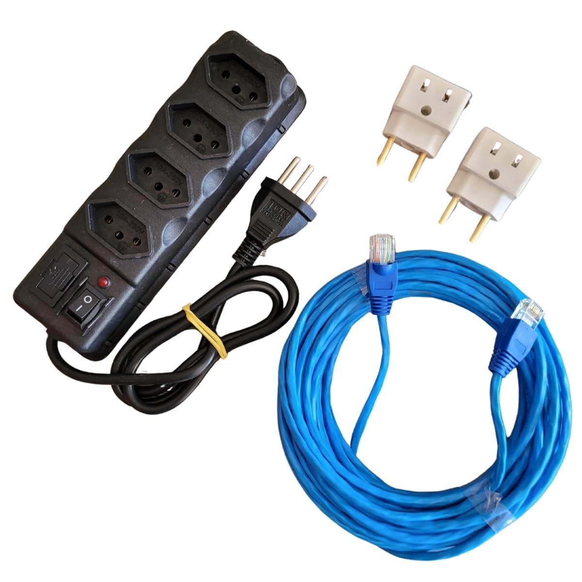 Kit Essencial: Filtro de Linha 4 Tomadas, Cabo Rede Cat5e 10m e 2 Adaptadores Universais