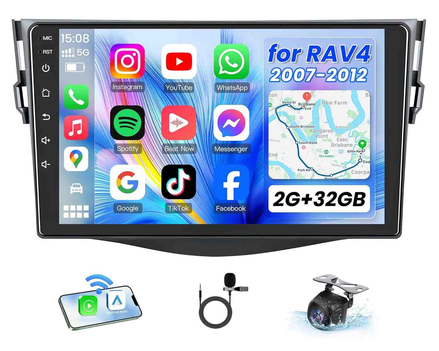 Central Multimídia Android 12 para Toyota RAV4 2007-2012: Tela 9" HD, CarPlay/Android Auto Sem Fio e GPS