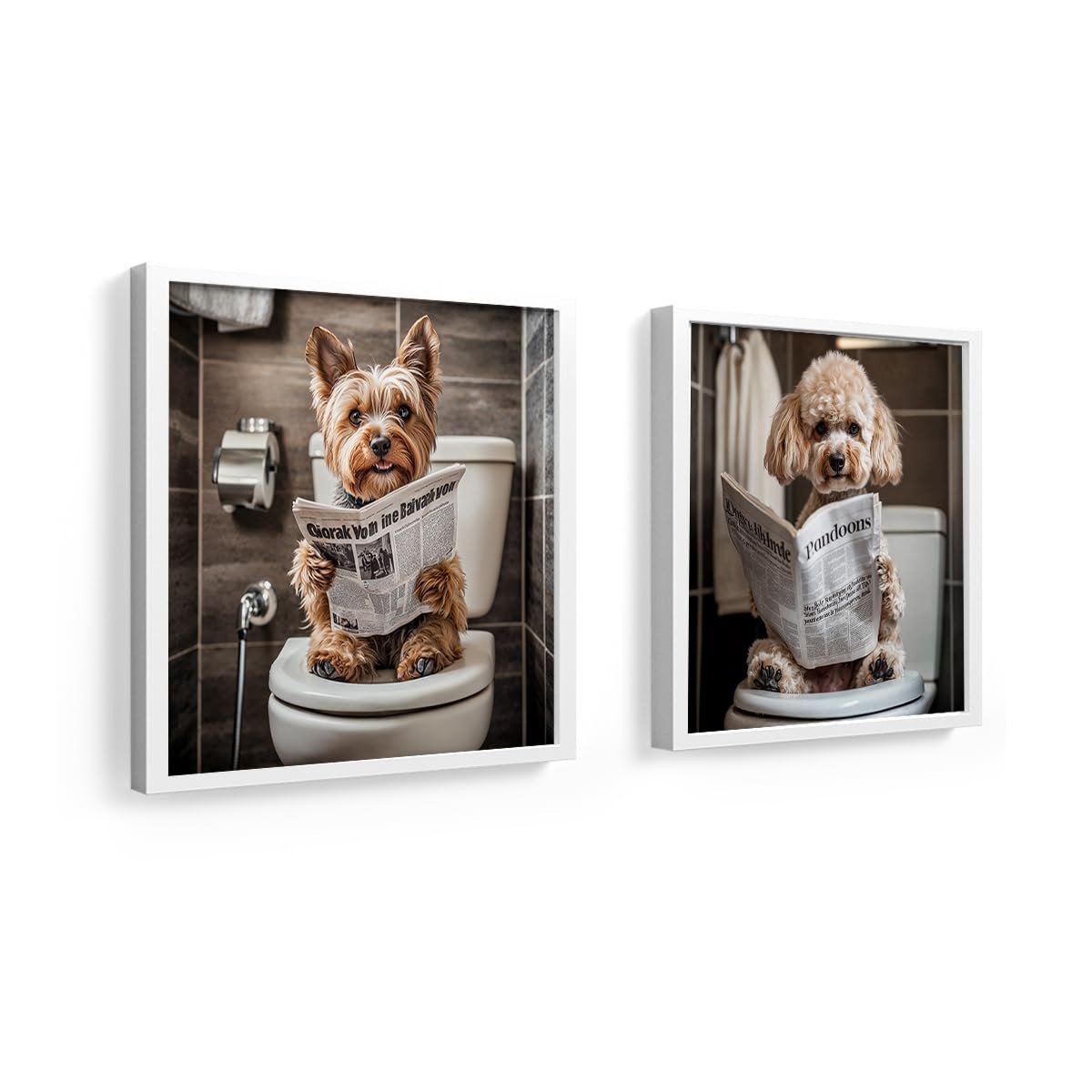 Kit 2 Quadros 18x18 cm - Poodle e Yorkshire no Banheiro | Decoração Fofa e Original para Pets Lovers