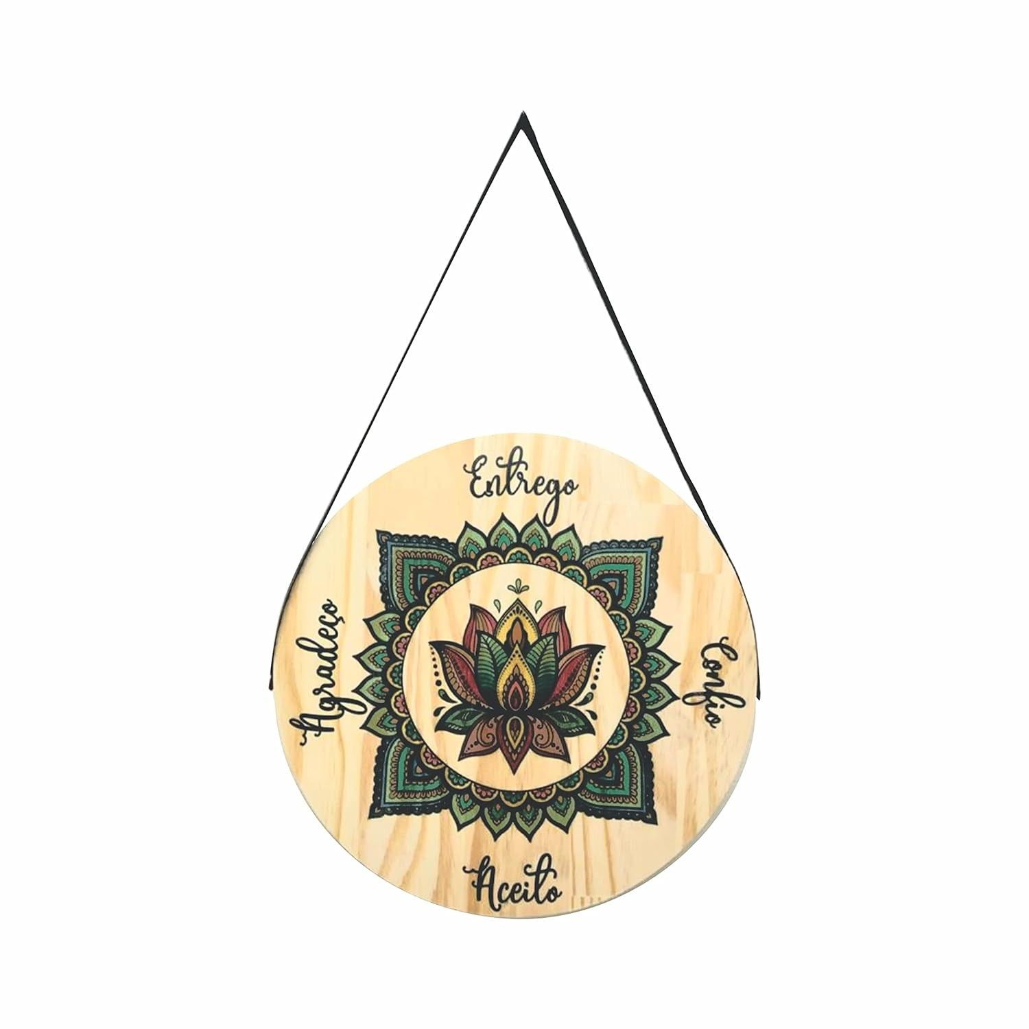 Quadro Decorativo Mandala Redonda em Pinus com Frase Inspiradora - Confio, Aceito e Agradeço