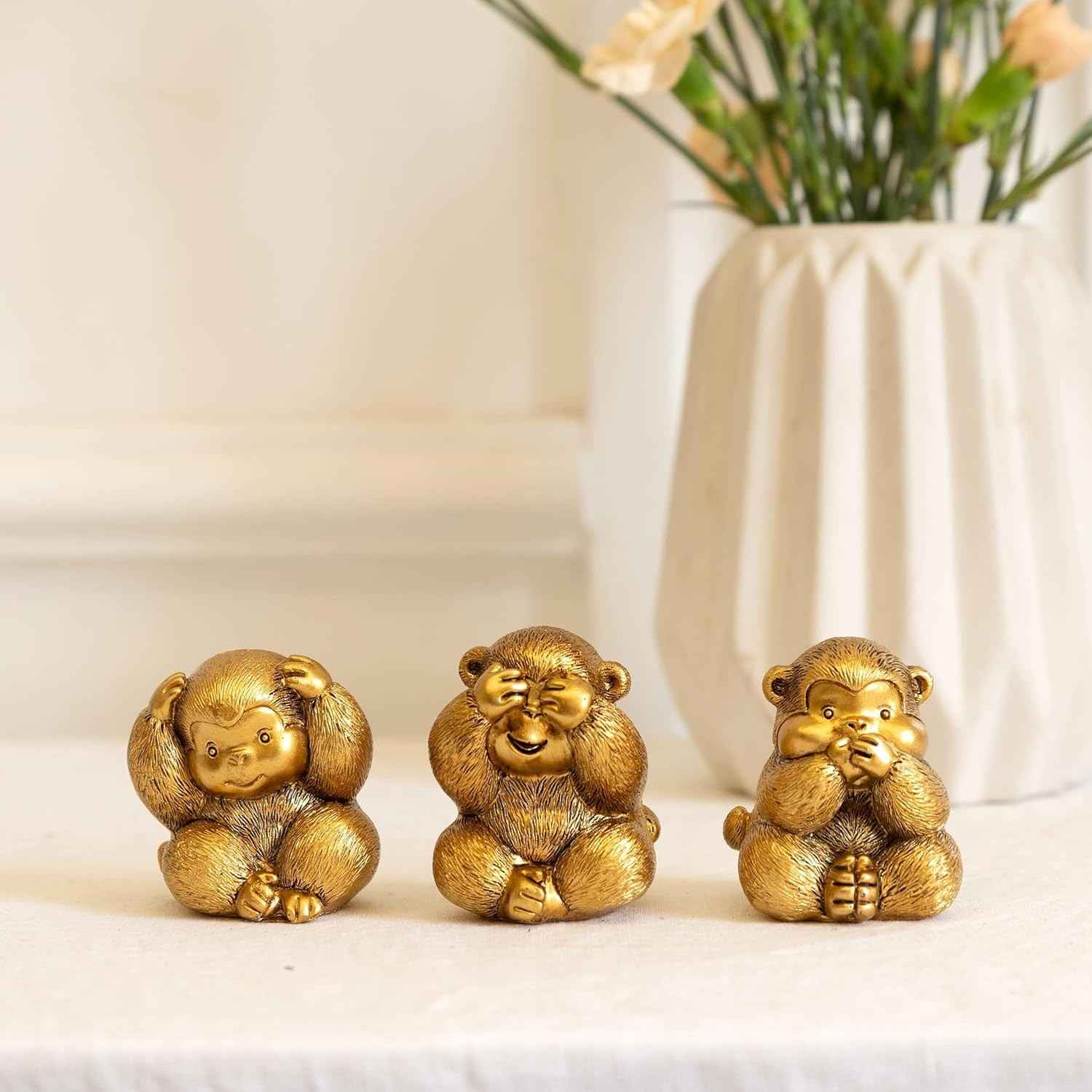 Estátua 3 Macacos Sábios em Resina - Decoração com Simbolismo de Sabedoria e Boa Sorte